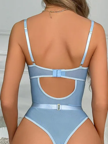 Vista 2 de SOLY HUX Conjunto de lencería de encaje floral con aros para mujer, body de peluche con medias