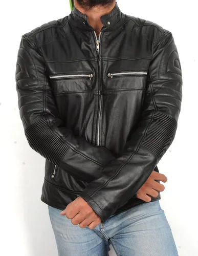 Vista 4 de LP-FACON Chaqueta de cuero para hombre con armadura Vintage Cafe Racer Powersports Equipo de protección Moto Biker Chaqueta acolchada