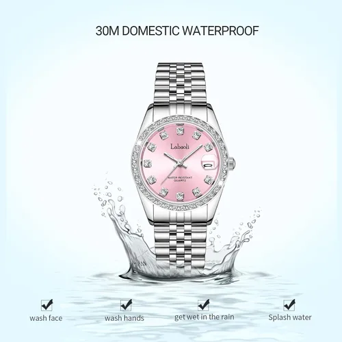 Vista 5 de Pulsera de metal con correa impermeable para mujer, cuarzo, calendario, cronógrafo, relojes de pulsera para mujer (plata + rosa), PlataRosa, Reloj