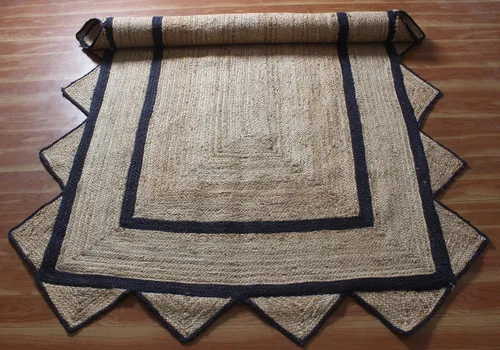 Vista 8 de Alfombra de borde festoneado, alfombra tejida a mano de yute natural, 2 x 3 pies, color beige y negro, alfombra de sisal trenzada Kilim para sala
