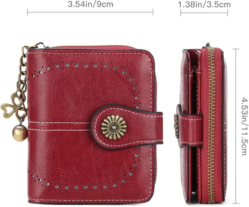 Vista 3 de Cartera pequeña para mujer, de piel, plegable, compacta, con bloqueo RFID, con bolsillo con cremallera para monedas, A01 Rojo Vino, Classic
