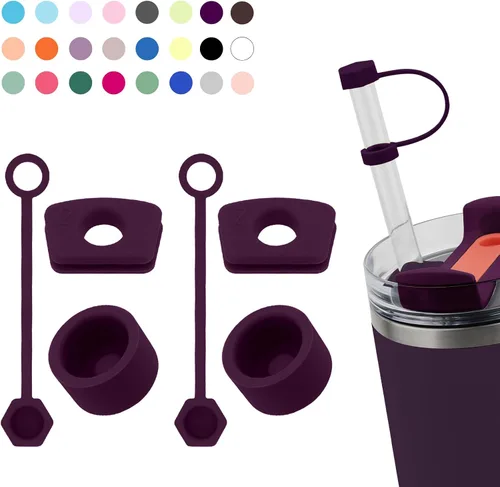 Vista 13 de Juego de tapones antiderrame de silicona compatible con taza Stanley Cup 2.0 de 30oz y 40oz con cubierta para pajita (Juego de 2, Rosa Almendra)