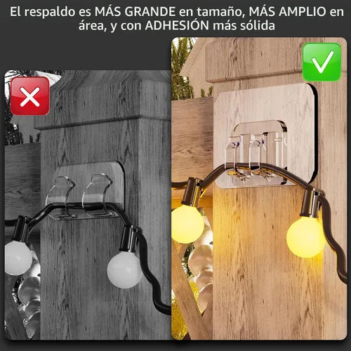 Vista 4 de Ganchos para Luces de Cadena para Exteriores - Paquete de 100 con Tiras Adhesivas - Sin Daños, Sin Herramientas, Sin Agujeros, Impermeables