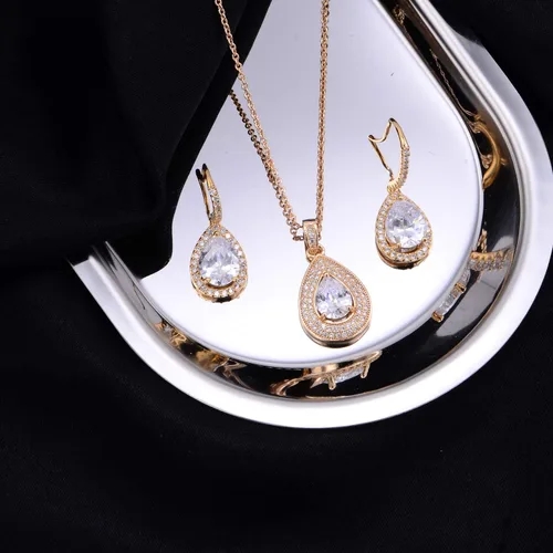 Vista 3 de Juego de joyas de cristal para boda nupcial con colgante de lágrima, collar y aretes colgantes para novia, damas de honor, madre de novia, fiesta