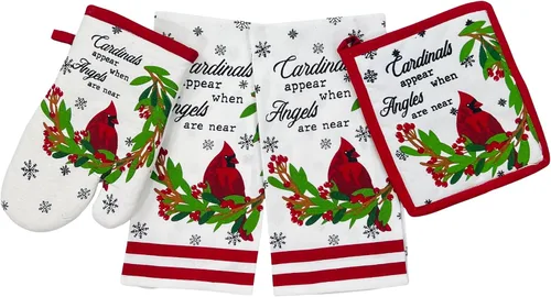 Vista 6 de Paños de Cocina y Agarraderas Navideños - Juego Alegre de Navidad de 4 Piezas 100% Algodón Verde Rojo Blanco - Dos (2) Paños de Cocina, Un (1)