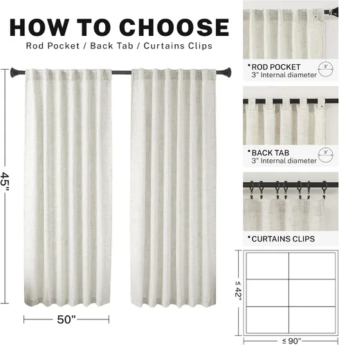 Vista 3 de Cortinas texturizadas de lino corto natural de 45 pulgadas de largo para cocina, baño, ventanas, juego de 2 paneles con pestaña trasera, cortinas