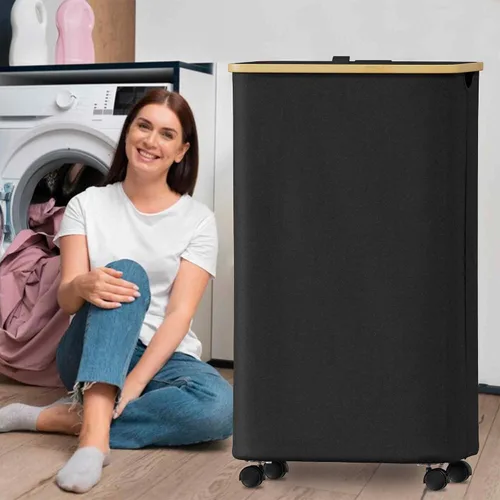 Vista 2 de SUOCO Cesta de lavandería con ruedas 100L, canasta de ropa con tapa y asas de bambú, cesta plegable para la ropa sucia para dormitorio, baño, Negro