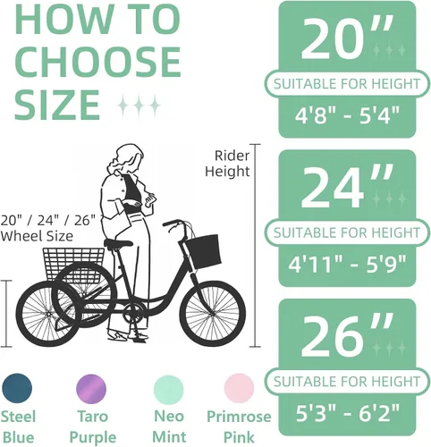 Vista 6 de Triciclos para adultos de 7 velocidades para adultos, bicicletas de 3 ruedas de 20/24/26 pulgadas con cesta delantera y trasera, triciclo