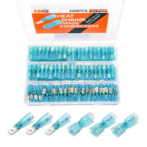 Vista 13 de HKS 100 conectores de pala hembra azul 16-14 AWG – Kit de conectores de cable de desconexión rápida eléctricos termorretráctiles – cobre rojo