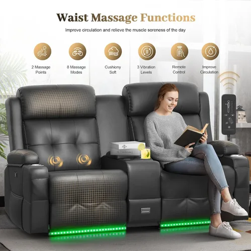 Vista 23 de Sofá de Dos Plazas Reclinable, Sofá Reclinable de Masaje con Gran Capacidad de Peso, Silla de Dos Plazas para RV en Liquidación con Consola, USB