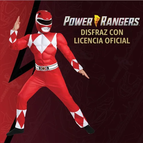 Vista 3 de Disfraz de Red Ranger muscular, disfraz oficial de Power Rangers con máscara