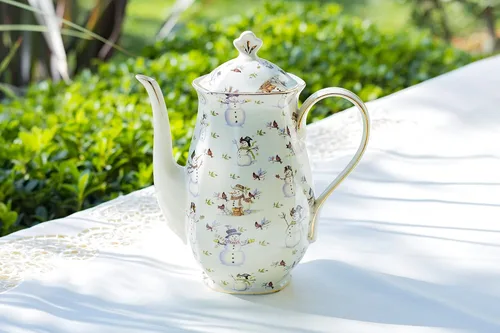 Vista 2 de Holiday Snowman - Olla de chocolate de porcelana fina con capacidad de 40 onzas