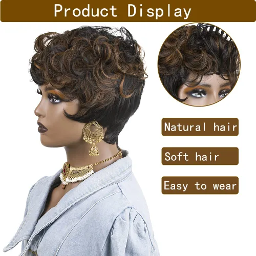 Vista 5 de Pelucas cortas de corte Pixie para mujeres negras, pelucas de corte Pixie con flequillo, negro mezclado con marrón, pelucas rizadas cortas