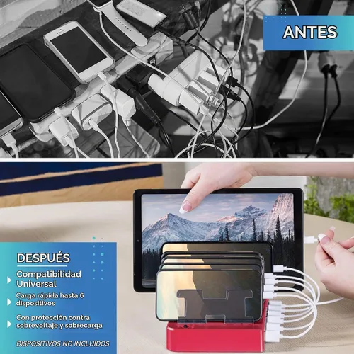 Vista 2 de Estación de carga para múltiples dispositivos – Base de carga USB de 6 puertos para Apple y Android – Organizador de carga múltiple rápida
