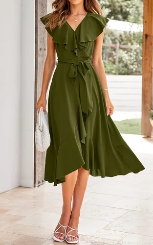 Vista 2 de PRETTYGARDEN - Verano 2024, vestido cruzado por debajo de la rodilla para mujer, con cuello en V profundo, estilo bohemio, floral, manga corta