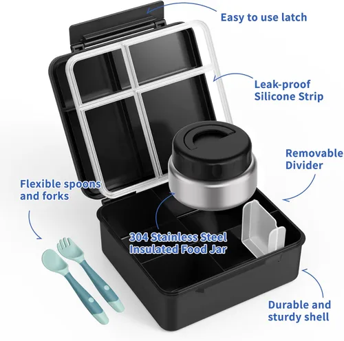 Vista 2 de Lonchera Bento para niños con contenedor térmico de alimentos (9 onzas), lonchera de 4 compartimentos, divisor ajustable, lonchera Bento a prueba