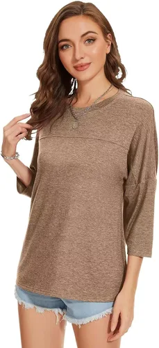 Vista 73 de ZENNILO Camisetas casuales de manga 3/4 para mujer, holgadas, cuello redondo, lindas camisetas básicas