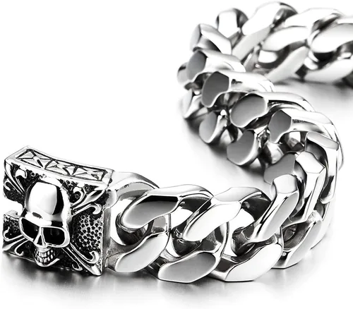 Vista 5 de COOLSTEELANDBEYOND Pulsera de cadena de acero cepillado vintage grande para hombre con flor de lis y calavera