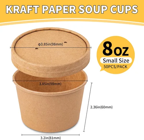 Vista 3 de PakTalk Recipientes de papel para sopa con tapas, paquete de 50 cuencos de sopa marrones, tazas biodegradables para helado con tapas para sopa