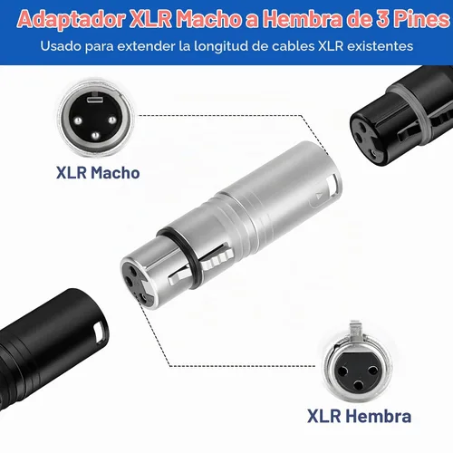 Vista 3 de Adaptador de micrófono XLR 2 unidades, 3 pines XLR macho a hembra, convertidor de conector de extensión de audio para altavoz, mezcladores,