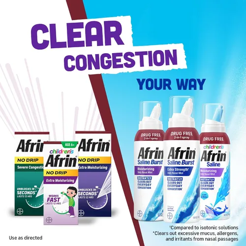 Vista 8 de Afrin Aerosol nasal salino con pulverización diaria hidratante, solución salina isotónica de agua de mar con doble boquilla para el alivio diario