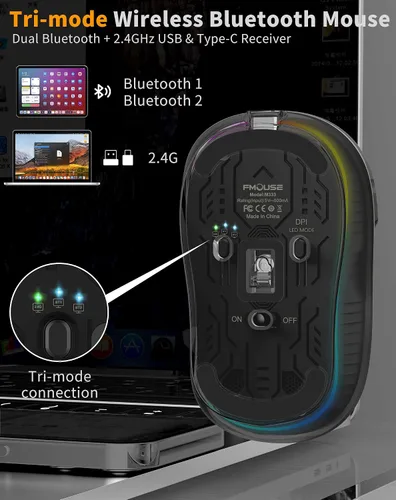 Vista 6 de Ratón inalámbrico Bluetooth, mouse RGB transparente de tres modos, Bluetooth y 2.4 GHz para múltiples dispositivos, receptor USB-C, ideal para Negro