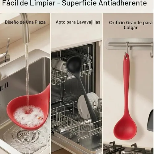 Vista 6 de Juego de 2 cucharones de silicona de 12 pulgadas, cucharas de sopa de mango largo sin costuras y antiadherentes, resistentes al calor, cucharones