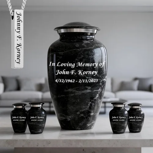 Vista 16 de Set of 6 Cremation Urns for Human Ashes Includes 1 Large Urn with 4 Small Keepsakes & 1 Silver Necklace - Black Marble