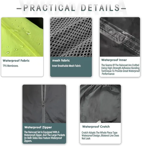 Vista 6 de Traje de lluvia impermeable para hombres, chaqueta de lluvia ligera con pantalones de 2 piezas, sombreros dobles para motocicleta y ciclismo