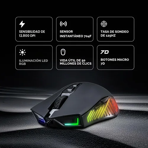 Vista 2 de Rampage Spear V2 - Mouse para juegos con cable negro con iluminación RGB, 12800 DPI, 7 botones programables, mouse ergonómico ligero
