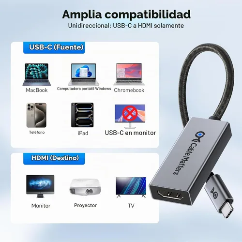 Vista 7 de Cable Matters Adaptador unidireccional USB C a HDMI 2.1 de 48Gbps