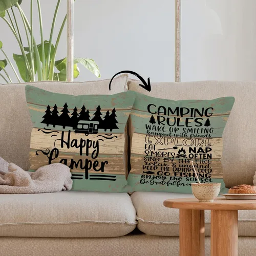 Vista 5 de Funda de almohada reversible con tablero de madera rústica Happy Camper, regalos para mujeres y hombres, funda de almohada con reglas de campamento
