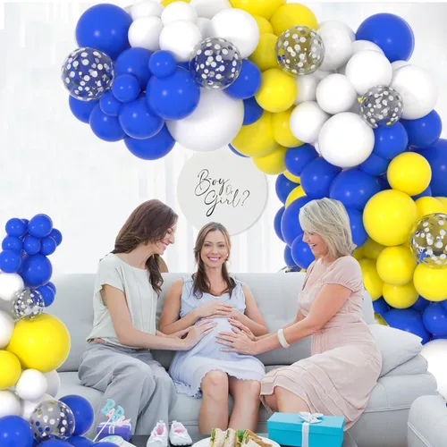 Vista 5 de Kit de arco de guirnalda de globos azules, amarillos y blancos, 116 globos de confeti azul real, amarillo, blanco, plateado, para cumpleaños, novia
