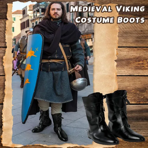 Vista 5 de Panitay Botas medievales de Halloween para hombre, zapatos renacentistas para festivales, botas de cuero vikingas, antideslizantes, zapatos atados