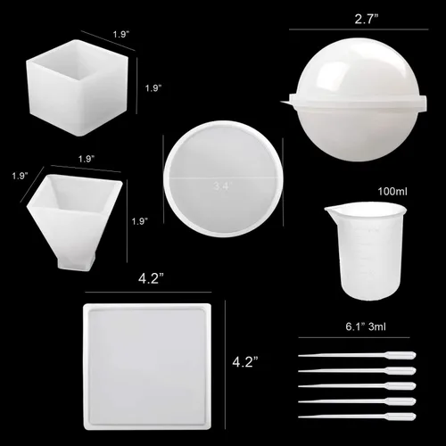 Vista 2 de Moldes de resina de silicona, 5 moldes de fundición de resina, incluyendo esfera, cubo, pirámide, cuadrado, redondo con 1 taza medidora y 5 pipetas