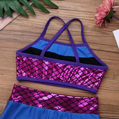 Vista 6 de Agoky Conjunto de 2 piezas de camiseta sin mangas de sirena con lentejuelas y pantalones cortos para niñas pequeñas y grandes, tankini traje de baño