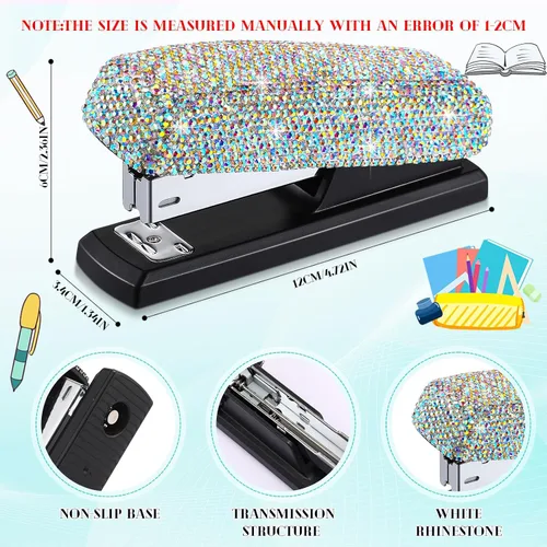 Vista 2 de Yexiya - Grapadora de colores AB para escritorio, con diamantes de imitación, regalo de regreso a clases, capacidad de 20 hojas con 1000 grapas