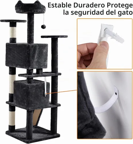 Vista 9 de Yaheetech Árbol para gatos de varios niveles para gatos grandes, con cómodos condominios para gatos de interior Multi-level activity center, Negro