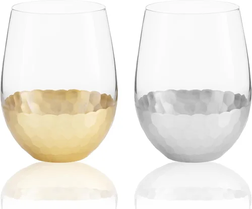 Vista 13 de Copas de vino sin tallo, juego de 2, 18 onzas, diseño de panal dorado
