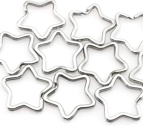 Vista 2 de Heyous 10 unids creativo llavero plano plata DIY metal llavero llavero aro lazo forma estrella