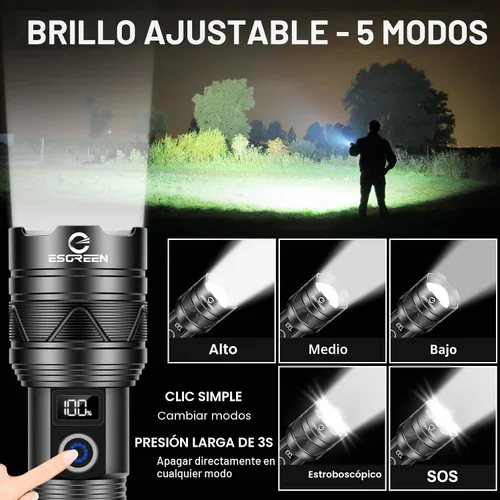 Vista 5 de Linternas recargables de 10000 lúmenes altos, largo alcance, 5000 pies, linterna LED súper brillante USB C, alta potencia, multifuncional