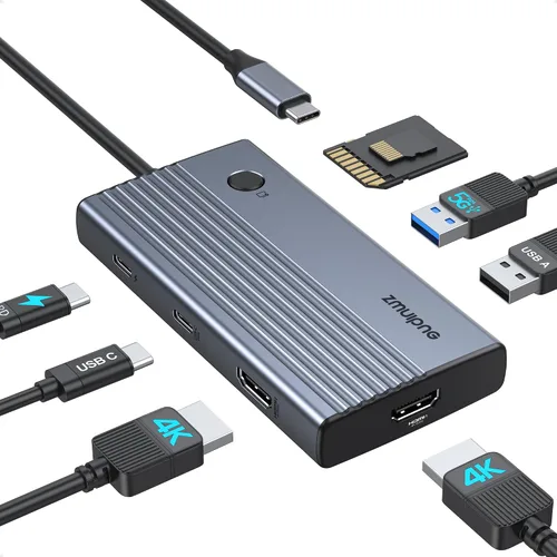 Vista 10 de Hub USB C Estación de acoplamiento USB C Monitor dual 4K@60Hz+DP 8K@30Hz para Dell HP, Estación de acoplamiento para portátil 3 monitores 15 en 1