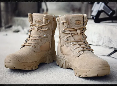 Vista 4 de Botas de trabajo tácticas militares de 8 pulgadas para hombre, botas de combate con cremallera lateral, botas de combate de cuero de gamuza