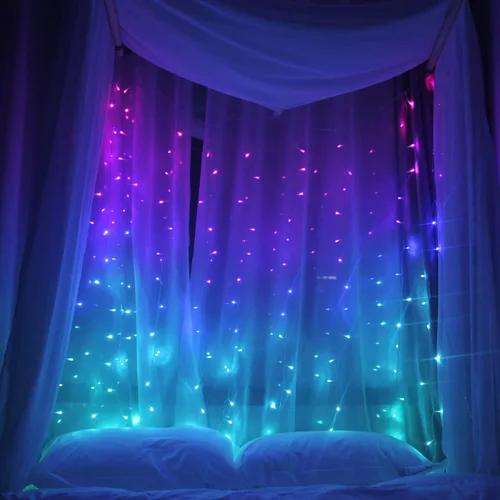 Vista 4 de Luces de cortina rosa, azul, morado, luces de hadas para dormitorio, colgantes para pared para niñas adolescentes, decoración temática de unicornio