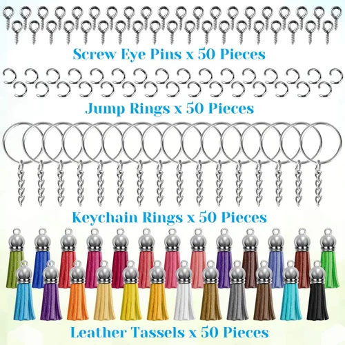 Vista 2 de cridoz - Juego de 200 anillos de llavero a granel de cridoz que incluye 50 borlas para manualidades, 50 anillos para llavero, 50 anillos de salto