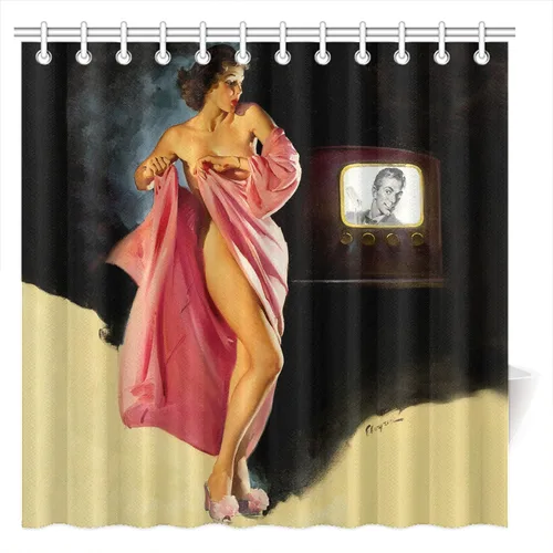 Vista 11 de FUNNY KIDS' HOME Cortinas de ducha retro con pin up para baño, pintura al óleo, arte de lienzo, decoración de baño, sexy dama bañándose