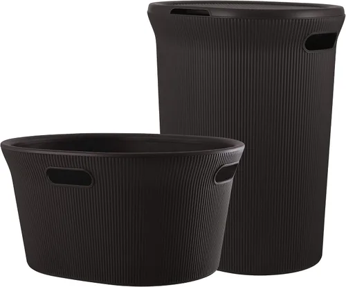 Vista 12 de Superio Colección acanalada - Cesto decorativo de plástico para ropa sucia con tapa y asas recortadas, azul (1 paquete) Organizador de cesta