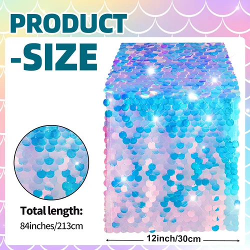 Vista 2 de Camino de mesa de escamas de cola de sirena de 12 x 84 pulgadas, cubierta de lentejuelas holográficas con purpurina para decoración y suministros