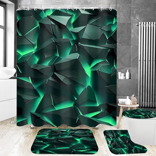 Vista 11 de Yizheer - Juego de cortina de ducha de 4 piezas con diseño geométrico y de color azul, moderno, para el baño, con 12 ganchos, tapete para la bañera
