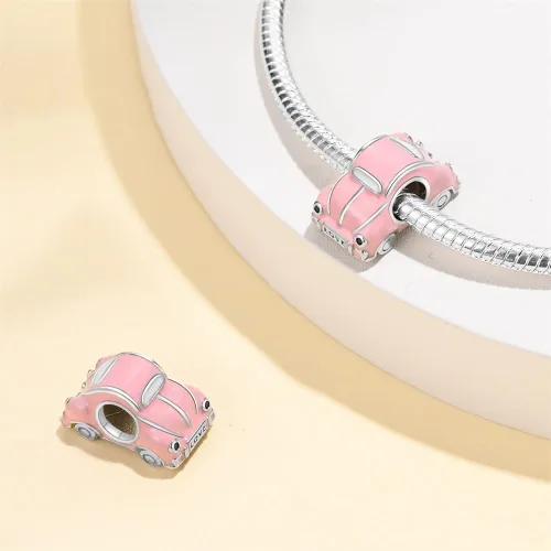 Vista 3 de Abalorio de autobús de la paz con esmalte rosa de plata de ley 925 con dije de paz para viaje, para bricolaje, pulsera, Plata esterlina, plata de ley